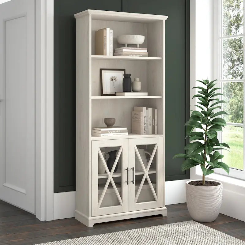 Bibliothèque à 5 étagères de style campagnard avec portes vitrées