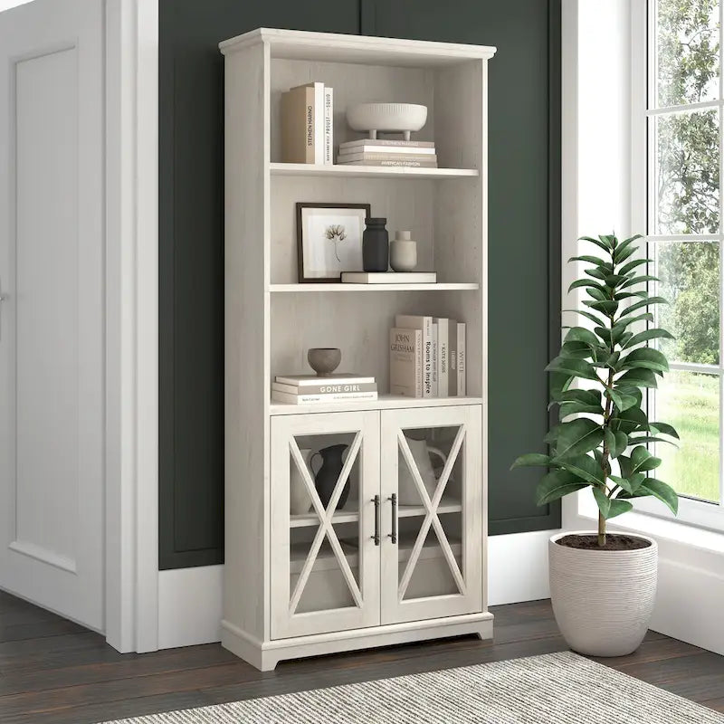 Lennox Farmhouse 5 Shelf Bookcase with Glass Doors by 