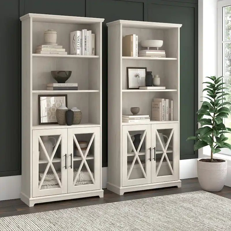 Bibliothèque à 5 étagères de style campagnard avec portes vitrées