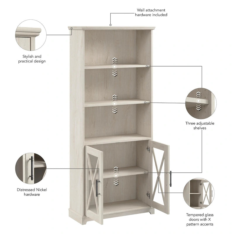 Bibliothèque à 5 étagères de style campagnard avec portes vitrées
