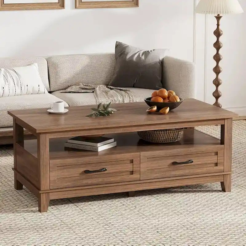Table basse de ferme avec tiroirs et étagère ouverte