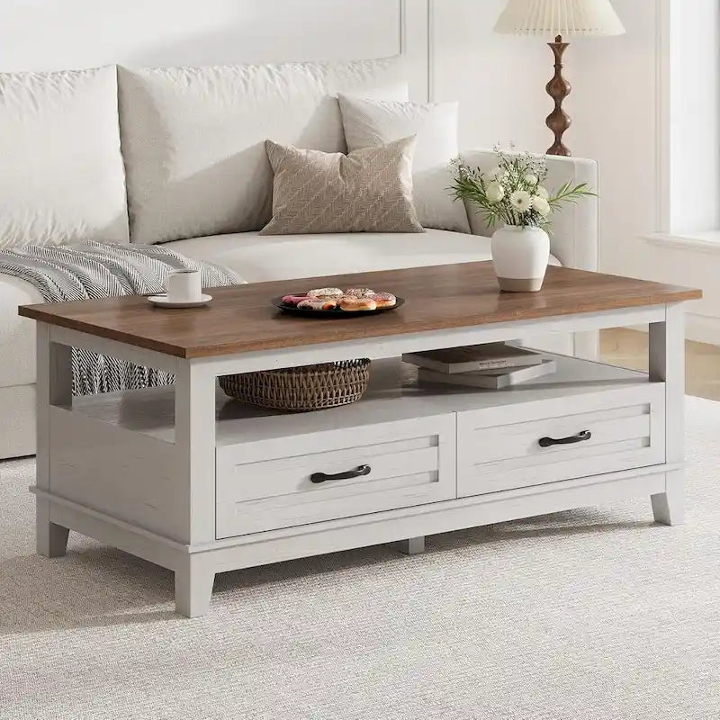 Table basse de ferme avec tiroirs et étagère ouverte