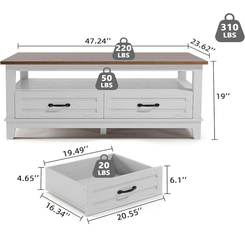 Table basse de ferme avec tiroirs et étagère ouverte
