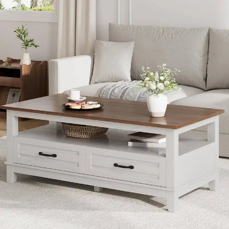 Table basse de ferme avec tiroirs et étagère ouverte