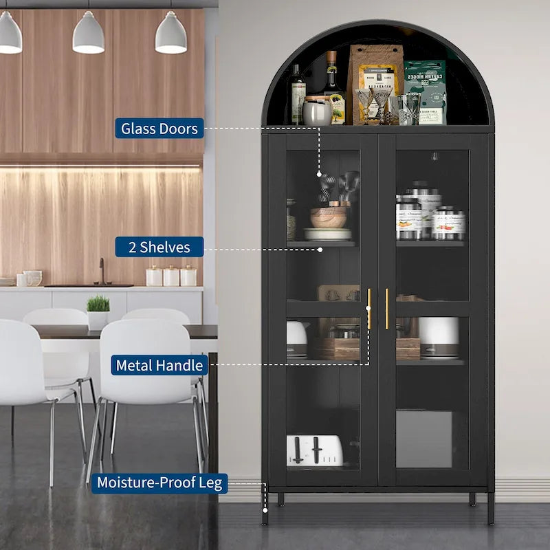 Armoire métallique arquée haute de 73 pouces, armoire de rangement de cuisine moderne arquée avec portes en verre et 2 étagères réglables