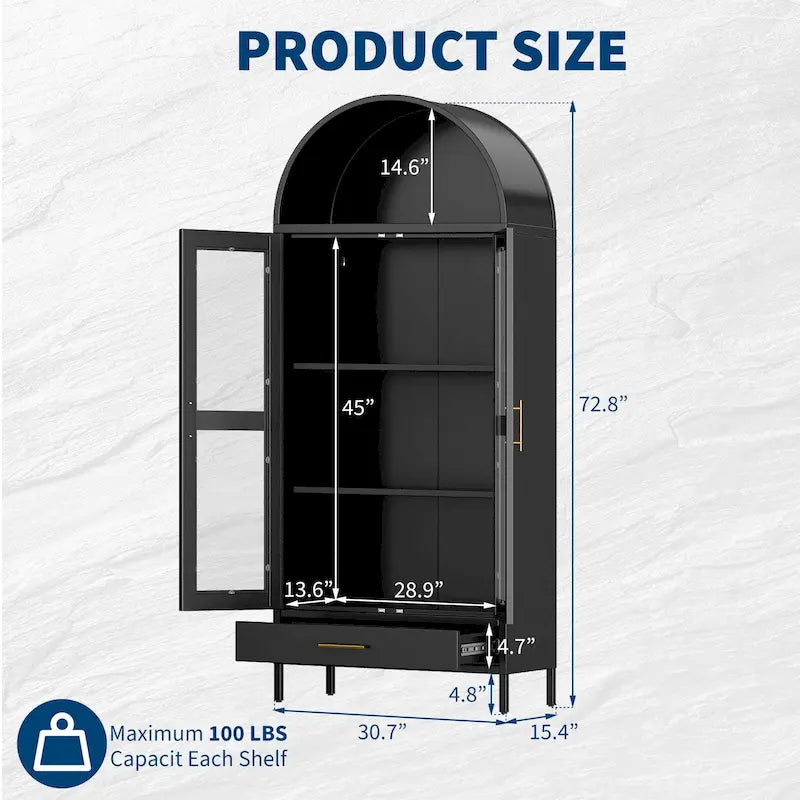 Armoire métallique arquée haute de 73 pouces, armoire de rangement de cuisine moderne arquée avec portes en verre et 2 étagères réglables