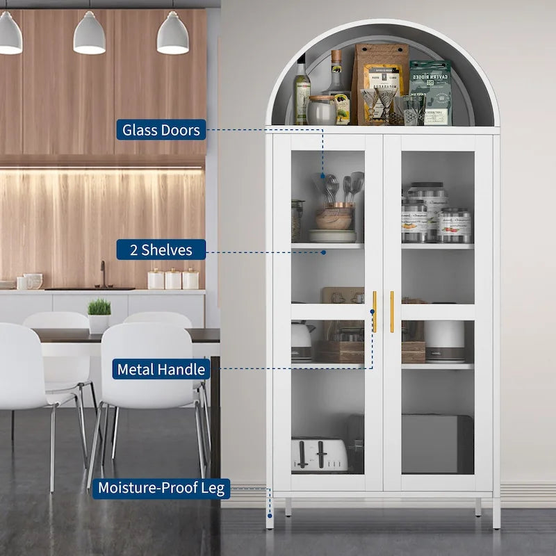 Armoire métallique arquée haute de 73 pouces, armoire de rangement de cuisine moderne arquée avec portes en verre et 2 étagères réglables