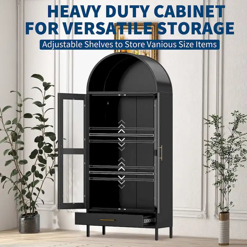 Armoire métallique arquée haute de 73 pouces, armoire de rangement de cuisine moderne arquée avec portes en verre et 2 étagères réglables