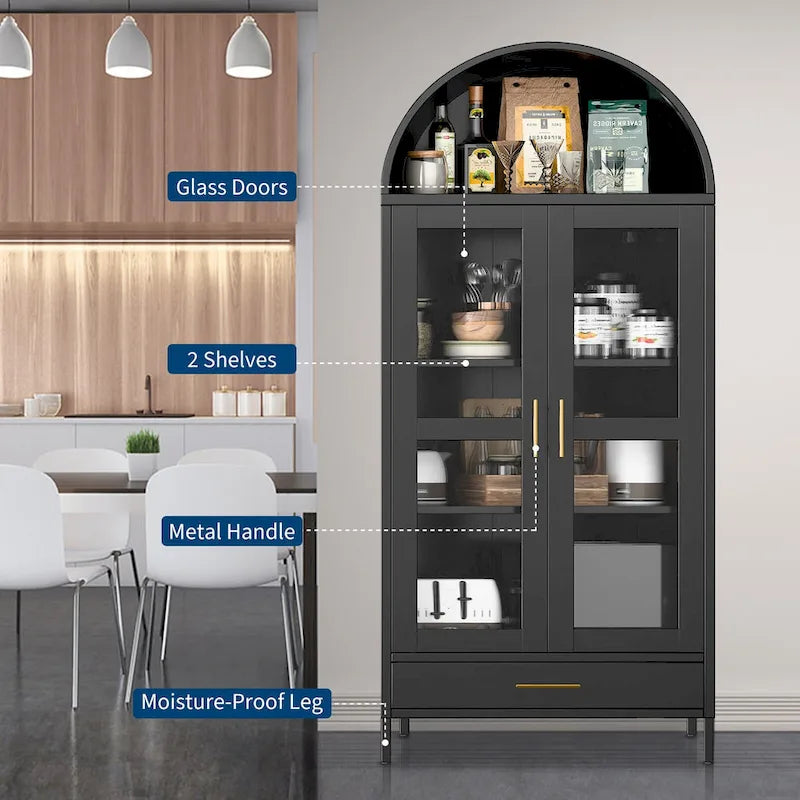 Armoire métallique arquée haute de 73 pouces, armoire de rangement de cuisine moderne arquée avec portes en verre et 2 étagères réglables