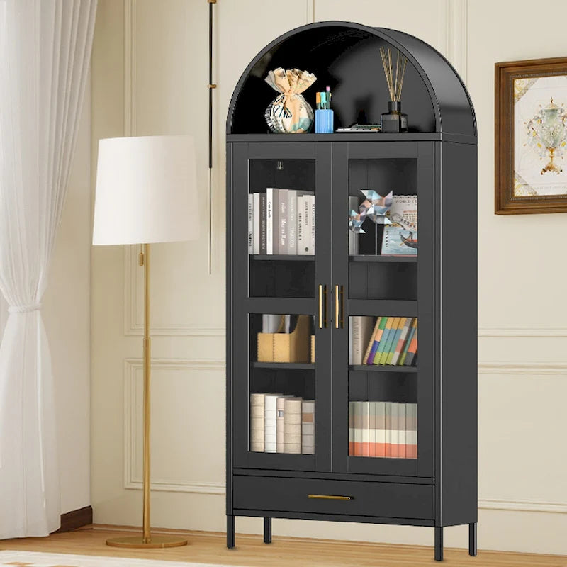 Armoire métallique arquée haute de 73 pouces, armoire de rangement de cuisine moderne arquée avec portes en verre et 2 étagères réglables