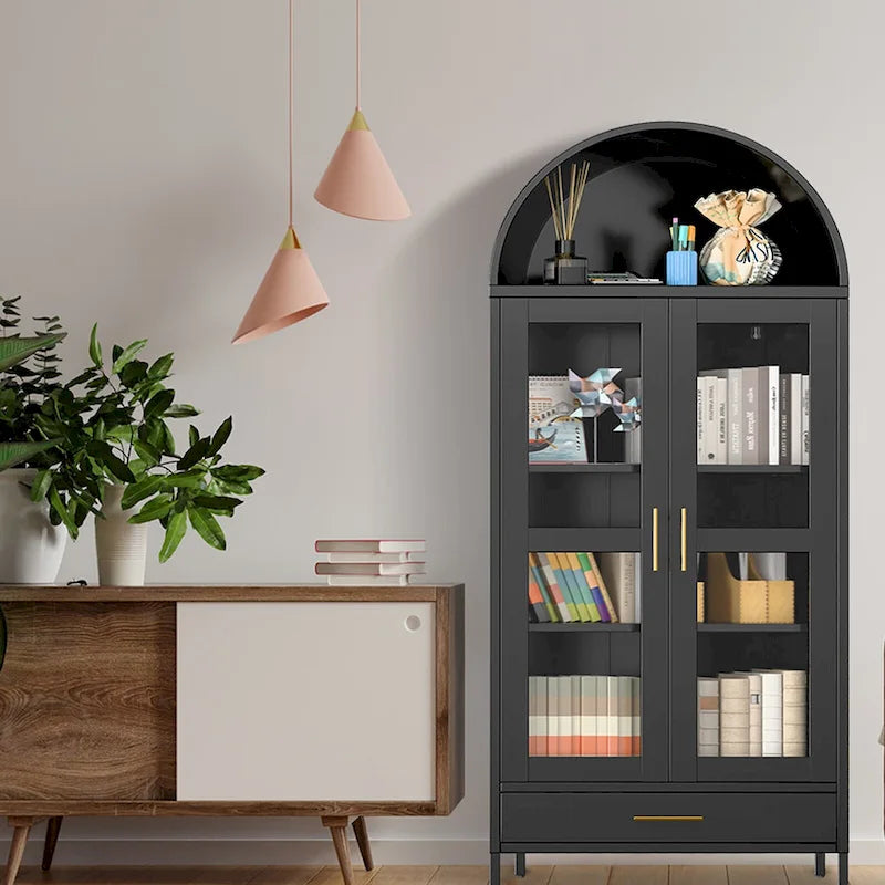 Armoire métallique arquée haute de 73 pouces, armoire de rangement de cuisine moderne arquée avec portes en verre et 2 étagères réglables