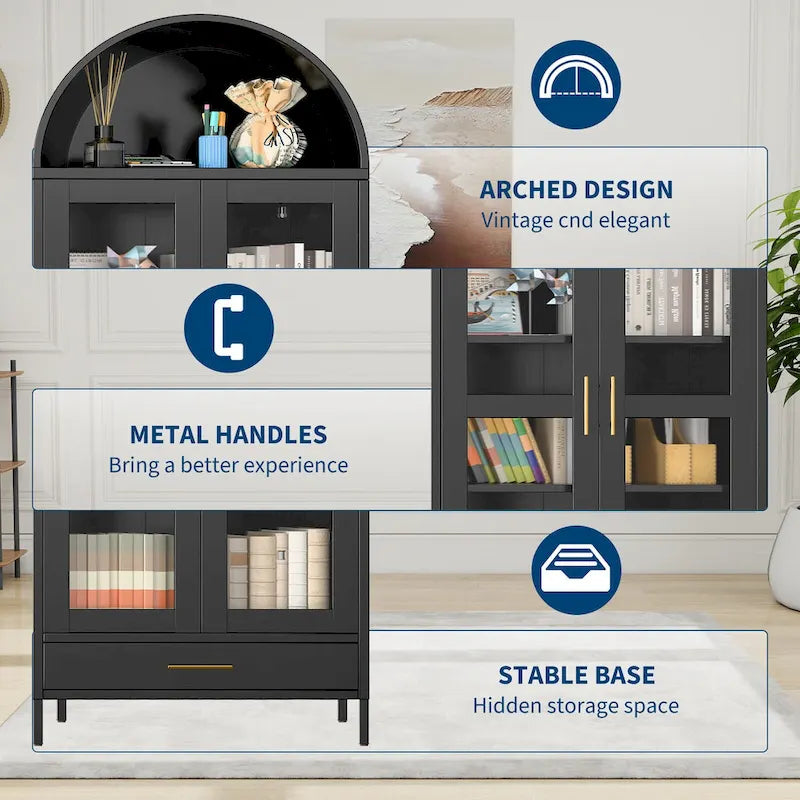 Armoire métallique arquée haute de 73 pouces, armoire de rangement de cuisine moderne arquée avec portes en verre et 2 étagères réglables