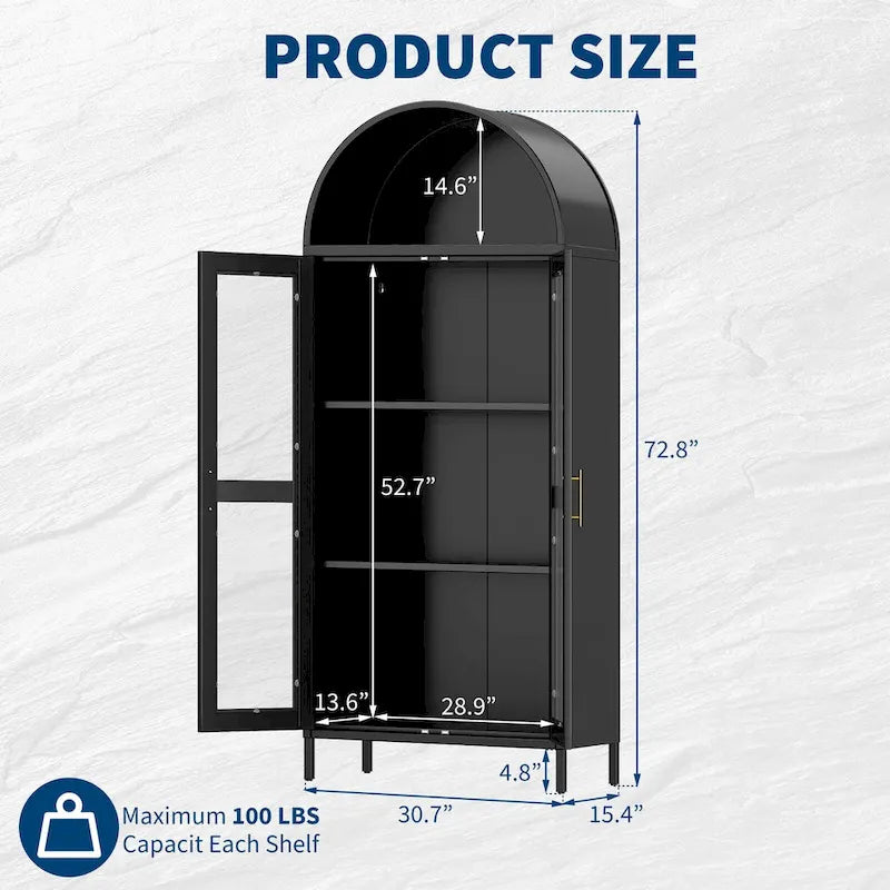 Armoire métallique arquée haute de 73 pouces, armoire de rangement de cuisine moderne arquée avec portes en verre et 2 étagères réglables