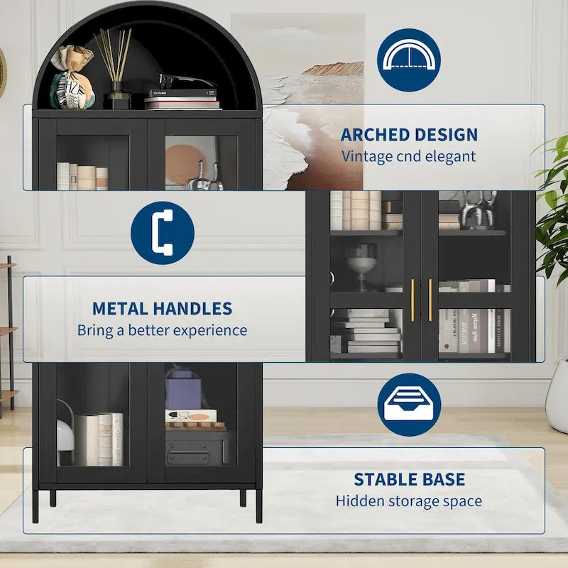 Armoire métallique arquée haute de 73 pouces, armoire de rangement de cuisine moderne arquée avec portes en verre et 2 étagères réglables