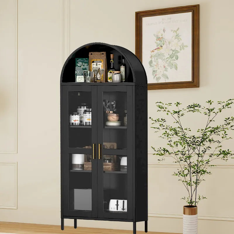 Armoire métallique arquée haute de 73 pouces, armoire de rangement de cuisine moderne arquée avec portes en verre et 2 étagères réglables