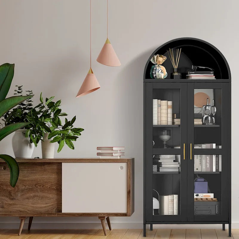 Armoire métallique arquée haute de 73 pouces, armoire de rangement de cuisine moderne arquée avec portes en verre et 2 étagères réglables