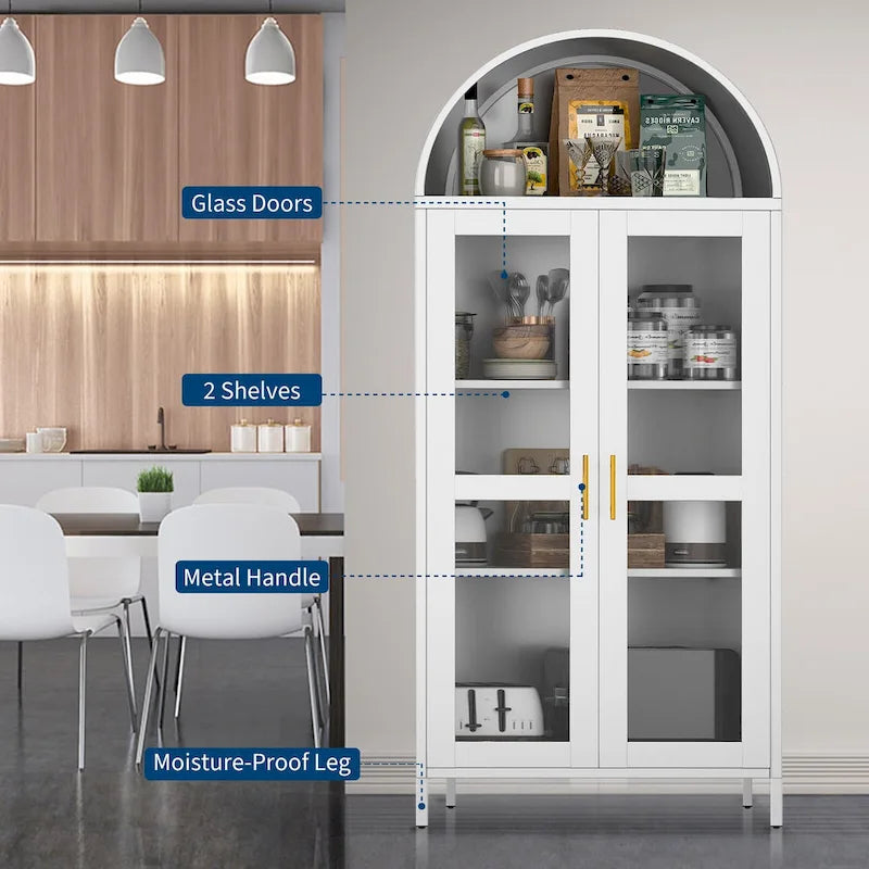 Armoire métallique arquée haute de 73 pouces, armoire de rangement de cuisine moderne arquée avec portes en verre et 2 étagères réglables