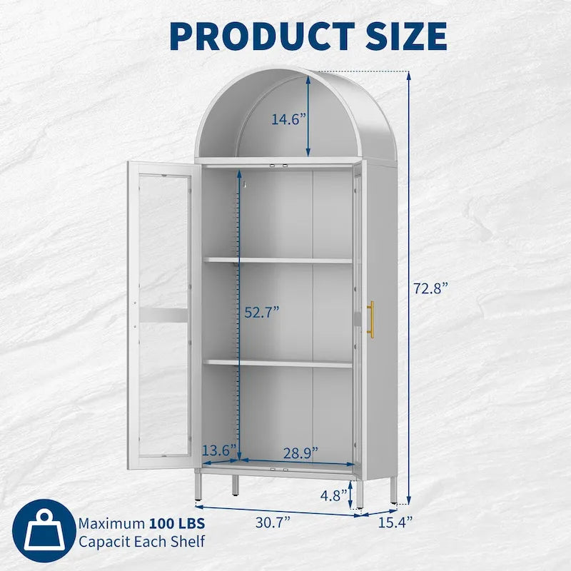 Armoire métallique arquée haute de 73 pouces, armoire de rangement de cuisine moderne arquée avec portes en verre et 2 étagères réglables