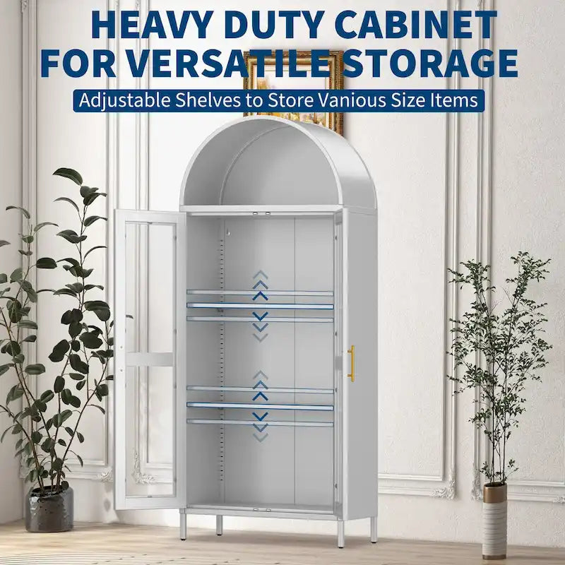 Armoire métallique arquée haute de 73 pouces, armoire de rangement de cuisine moderne arquée avec portes en verre et 2 étagères réglables