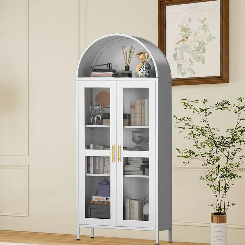 Armoire métallique arquée haute de 73 pouces, armoire de rangement de cuisine moderne arquée avec portes en verre et 2 étagères réglables