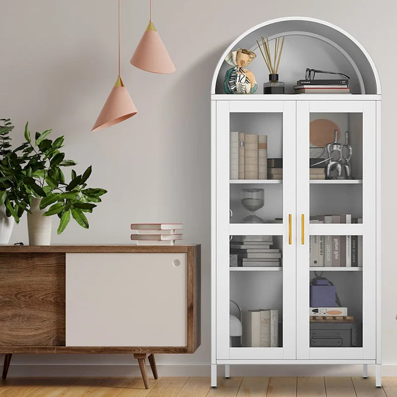 Armoire métallique arquée haute de 73 pouces, armoire de rangement de cuisine moderne arquée avec portes en verre et 2 étagères réglables
