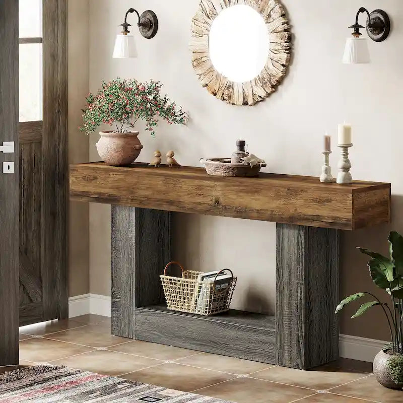 Console en bois étroite et longue, marron et grise, de 63 pouces, pour entrée