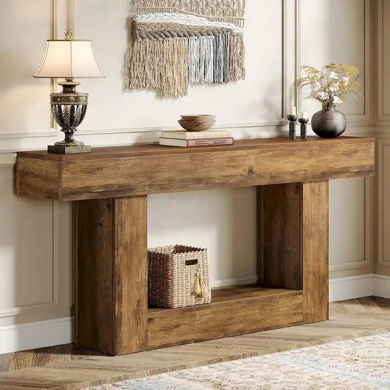 Console en bois étroite et longue, marron et grise, de 63 pouces, pour entrée