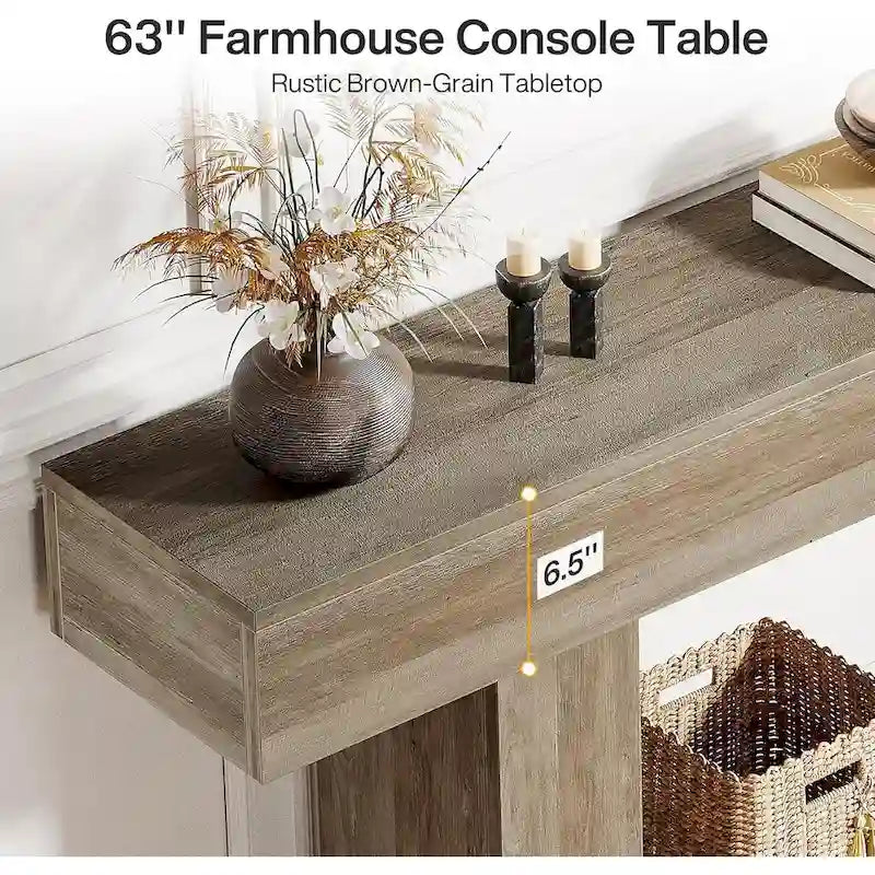 Console en bois étroite et longue, marron et grise, de 63 pouces, pour entrée