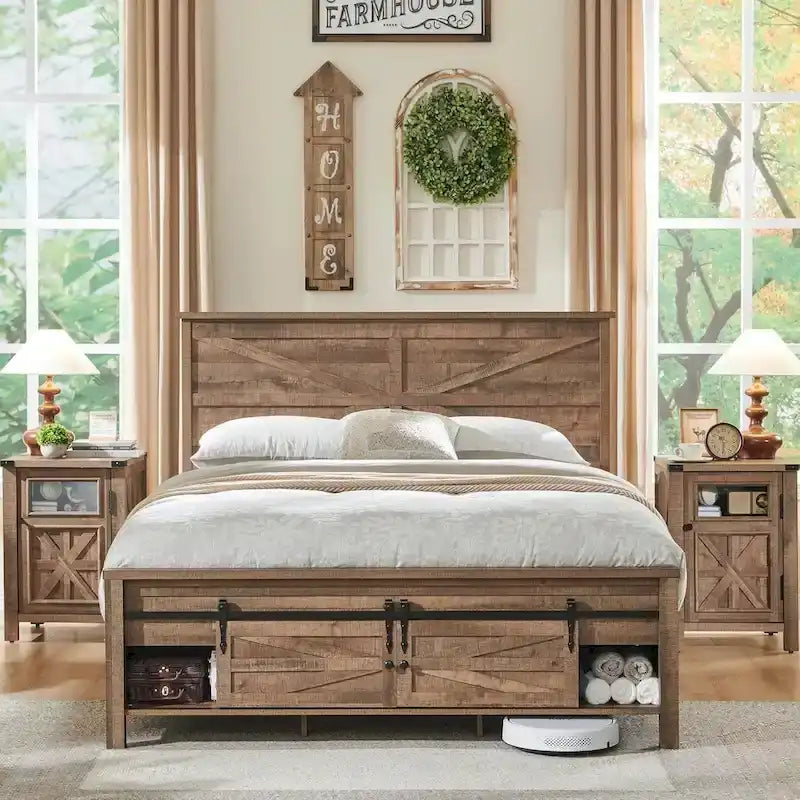 Cadre de lit en bois queen size de style ferme, avec placards et tête de lit