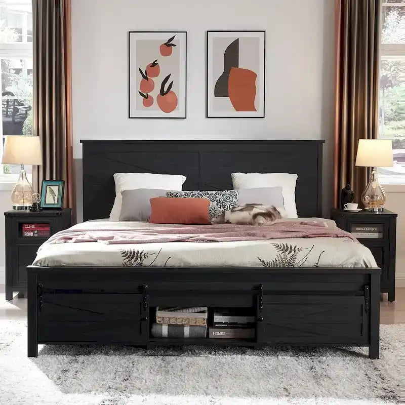 Cadre de lit en bois queen size de style ferme, avec placards et tête de lit