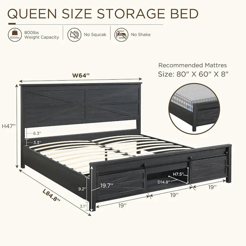 Cadre de lit en bois queen size de style ferme, avec placards et tête de lit