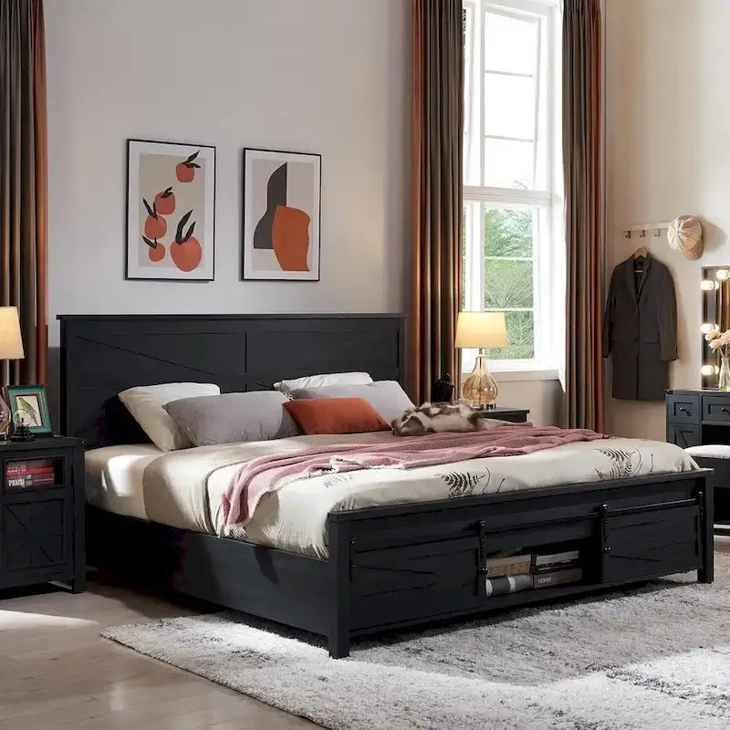 Cadre de lit en bois queen size de style ferme, avec placards et tête de lit
