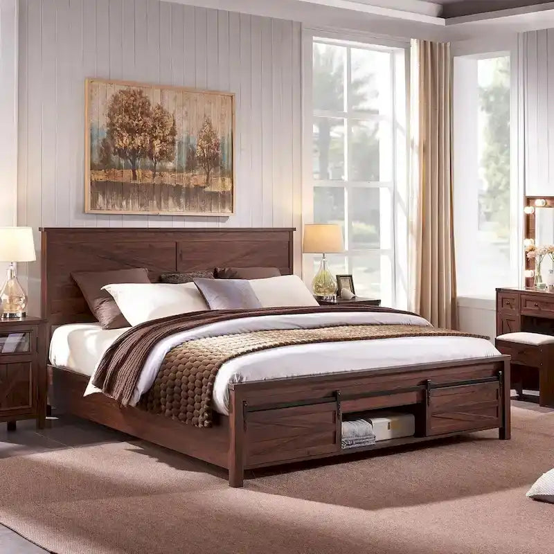 Cadre de lit en bois queen size de style ferme, avec placards et tête de lit