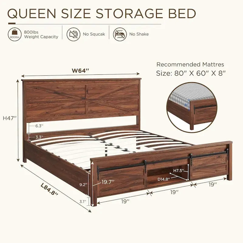 Cadre de lit en bois queen size de style ferme, avec placards et tête de lit