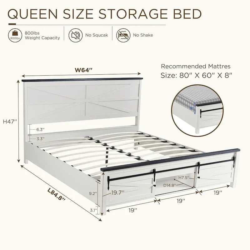 Cadre de lit en bois queen size de style ferme, avec placards et tête de lit