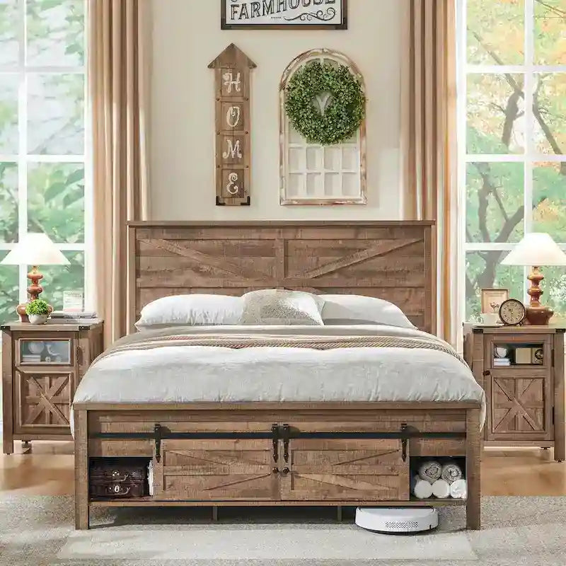 Cadre de lit en bois queen size de style ferme, avec placards et tête de lit