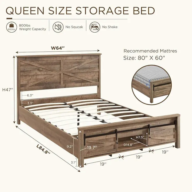 Cadre de lit en bois queen size de style ferme, avec placards et tête de lit