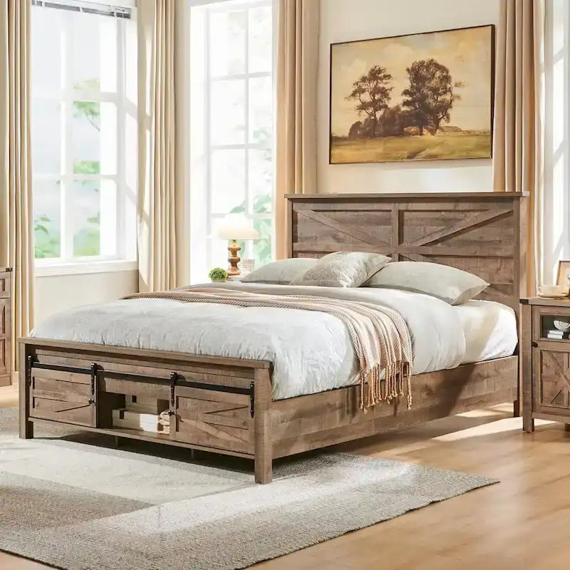 Cadre de lit en bois queen size de style ferme, avec placards et tête de lit
