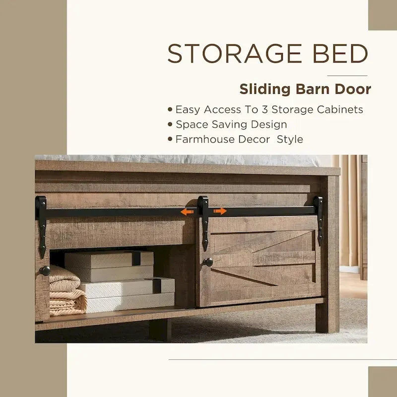 Cadre de lit en bois queen size de style ferme, avec placards et tête de lit