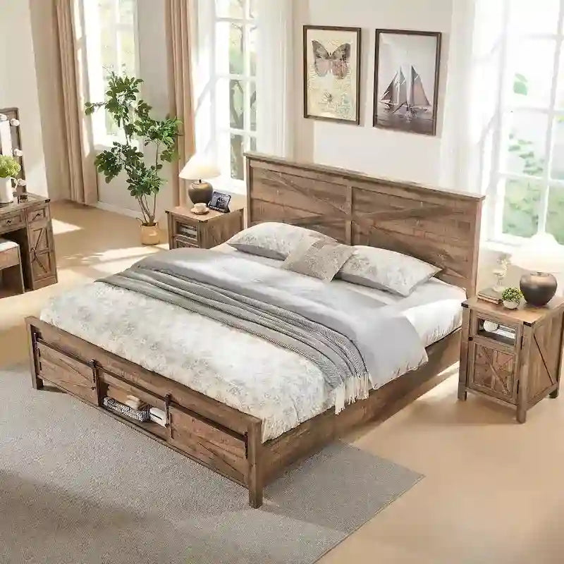 Cadre de lit en bois queen size de style ferme, avec placards et tête de lit