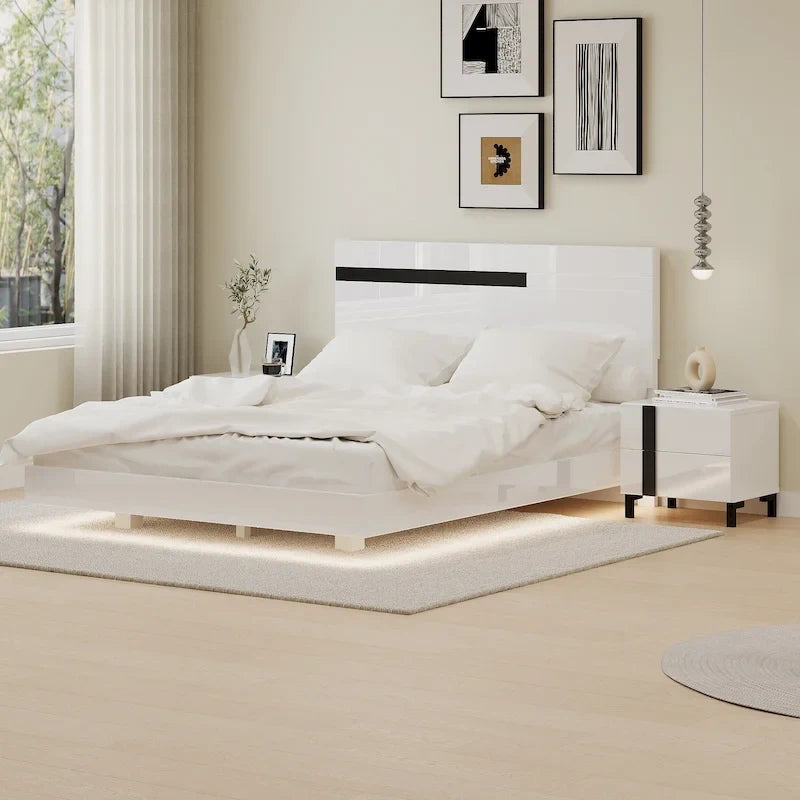 Ensemble de chambre à coucher moderne 3 pièces en laqué brillant, lit flottant, lit plateforme Queen size avec éclairage LED et 2 tables de chevet, blanc
