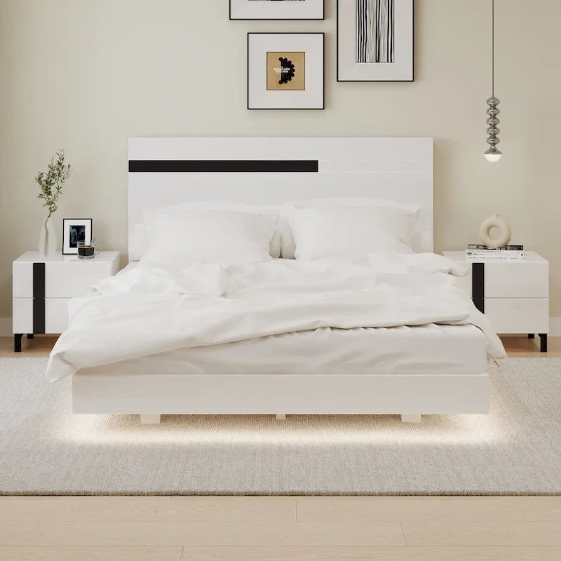 Ensemble de chambre à coucher moderne 3 pièces en laqué brillant, lit flottant, lit plateforme Queen size avec éclairage LED et 2 tables de chevet, blanc