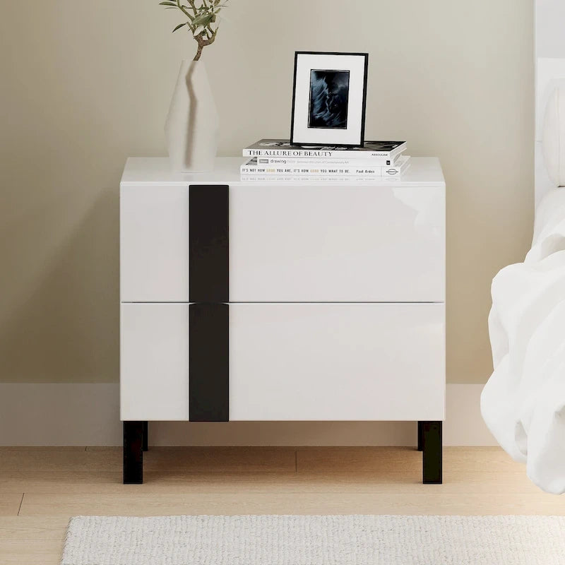 Ensemble de chambre à coucher moderne 3 pièces en laqué brillant, lit flottant, lit plateforme Queen size avec éclairage LED et 2 tables de chevet, blanc
