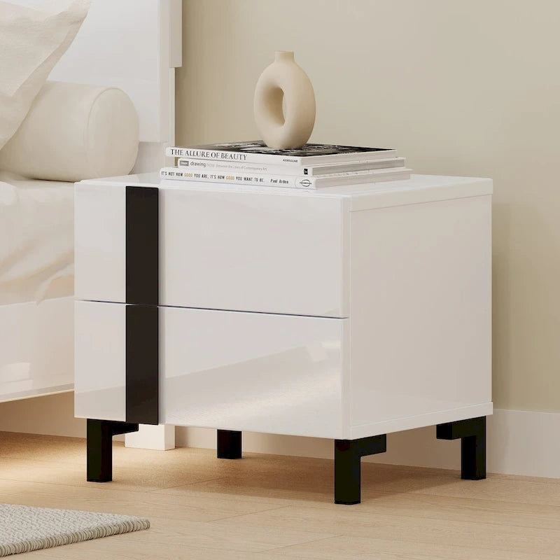 Ensemble de chambre à coucher moderne 3 pièces en laqué brillant, lit flottant, lit plateforme Queen size avec éclairage LED et 2 tables de chevet, blanc