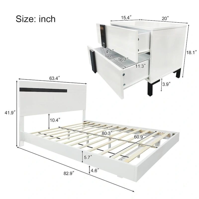 Ensemble de chambre à coucher moderne 3 pièces en laqué brillant, lit flottant, lit plateforme Queen size avec éclairage LED et 2 tables de chevet, blanc