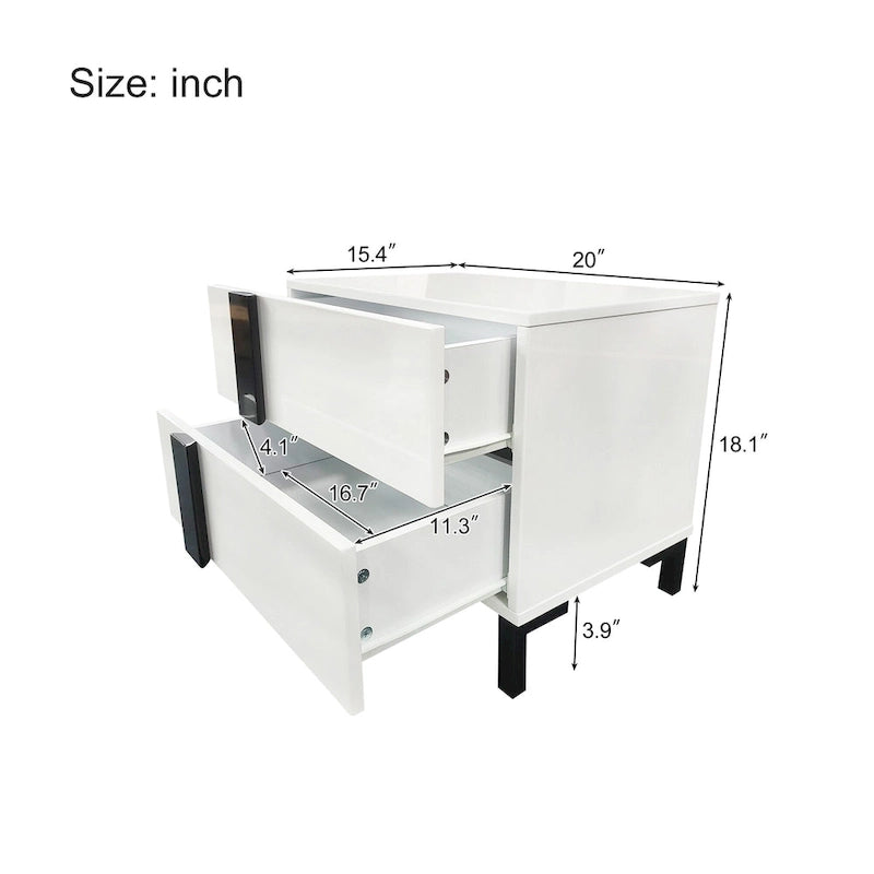 Ensemble de chambre à coucher moderne 3 pièces en laqué brillant, lit flottant, lit plateforme Queen size avec éclairage LED et 2 tables de chevet, blanc