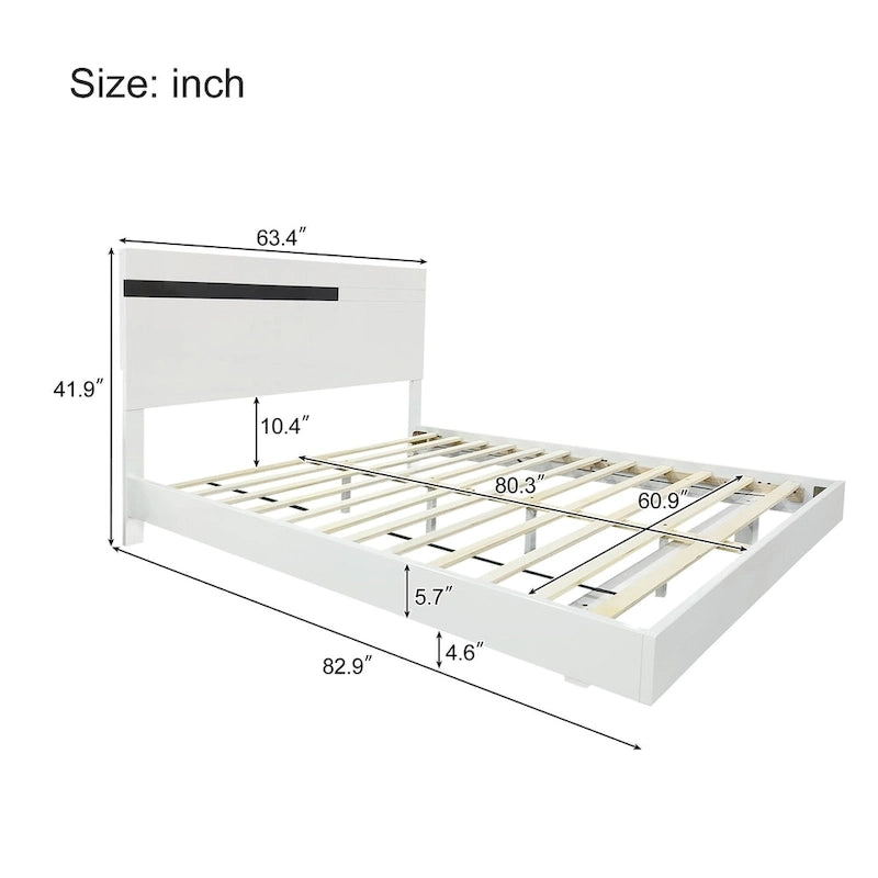 Ensemble de chambre à coucher moderne 3 pièces en laqué brillant, lit flottant, lit plateforme Queen size avec éclairage LED et 2 tables de chevet, blanc
