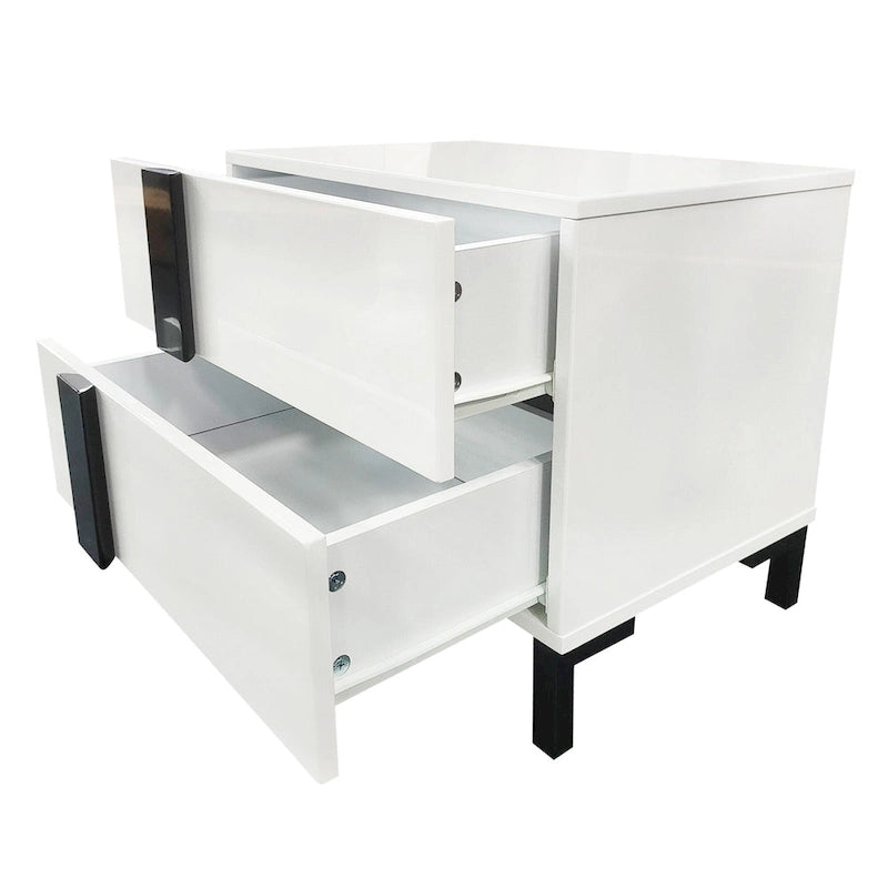 Ensemble de chambre à coucher moderne 3 pièces en laqué brillant, lit flottant, lit plateforme Queen size avec éclairage LED et 2 tables de chevet, blanc