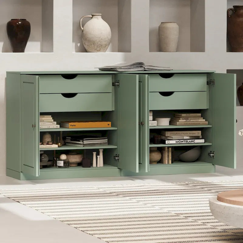 Buffet 100 % bois massif de 163 cm avec portes pleines, 4 tiroirs et étagères réglables