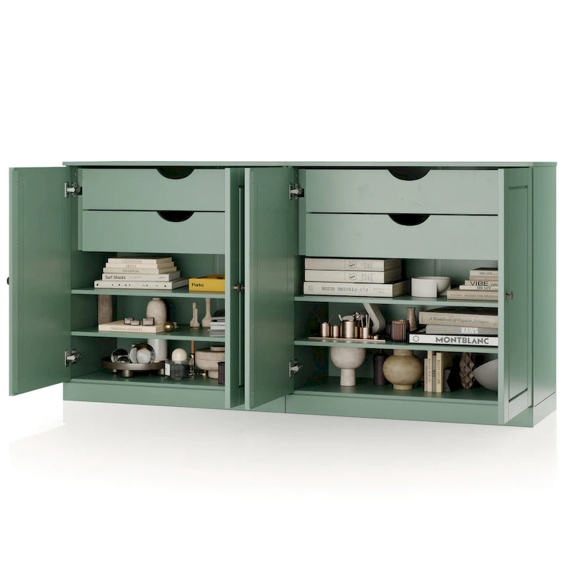 Buffet 100 % bois massif de 163 cm avec portes pleines, 4 tiroirs et étagères réglables